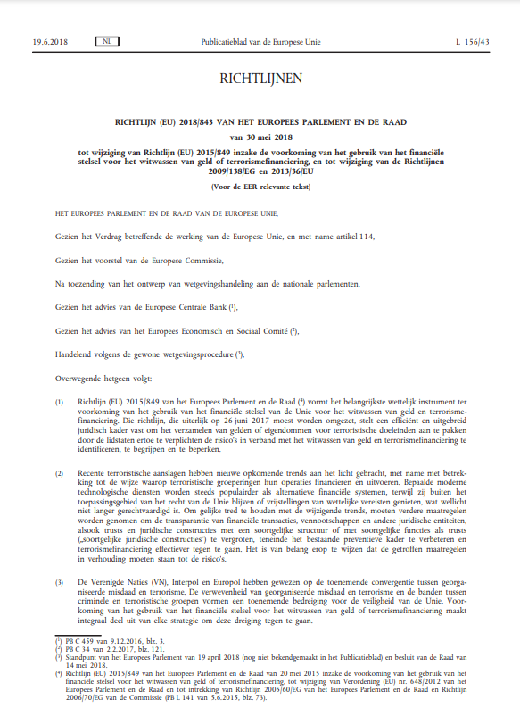 Richtlijn (EU) 2018/843 van het Europees Parlement en de Raad van 30 mei 2018