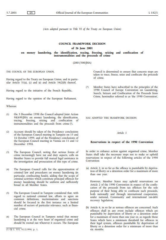 Council framework decision of 26 June 2001