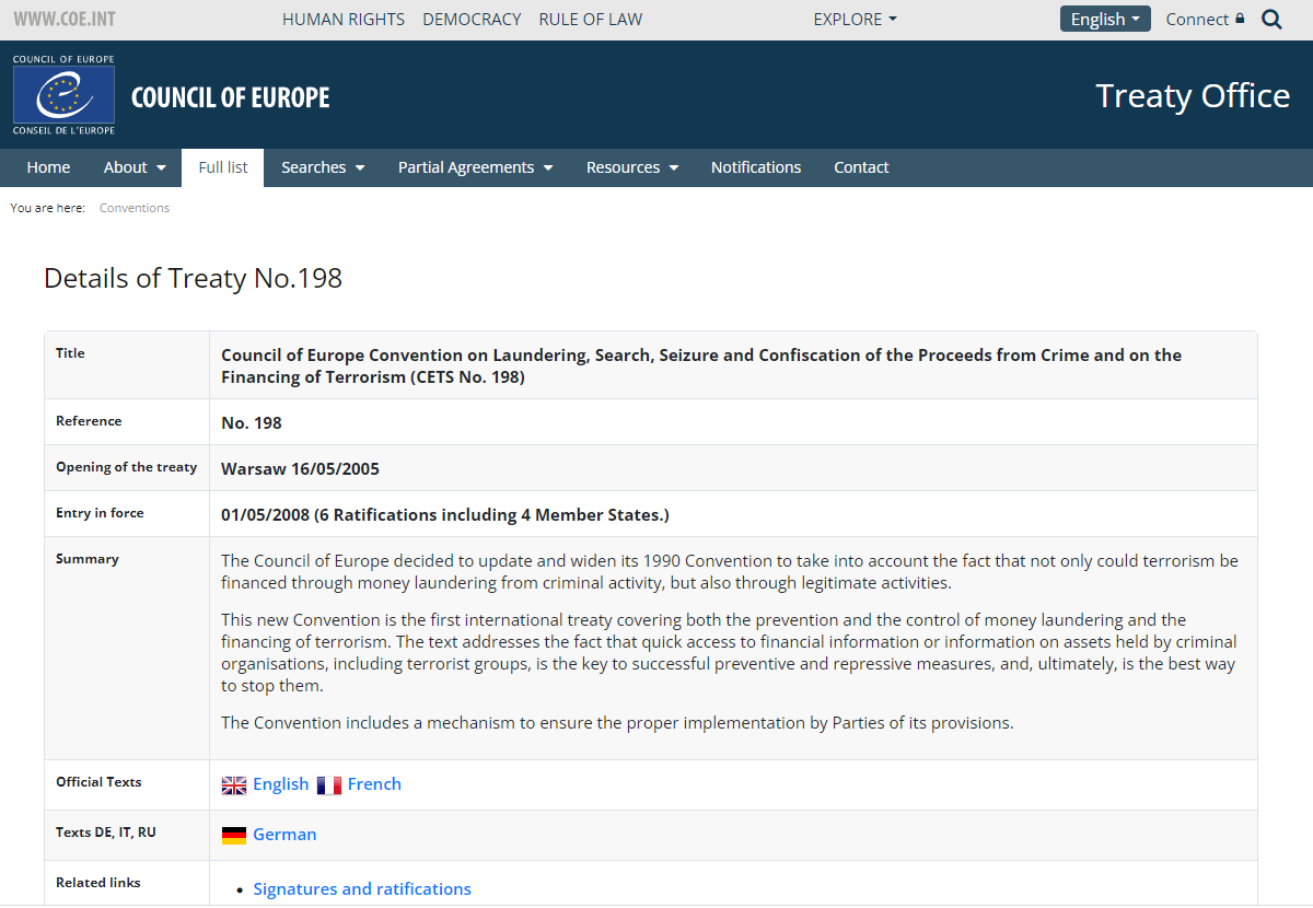 COE Convention on Laundering (CETS No.198)