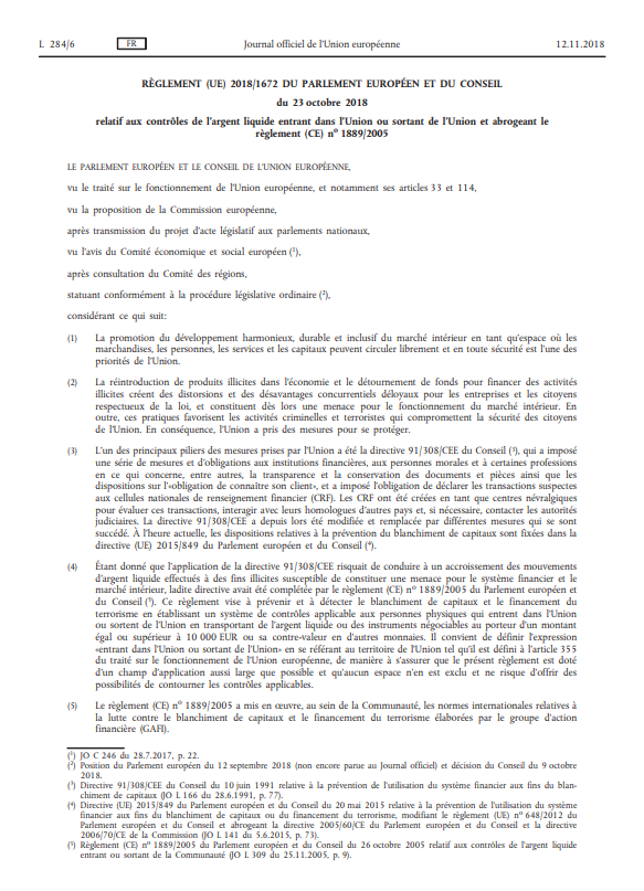 Règlement (UE) 2018/1672 du Parlement européen et du Conseil du 23 octobre 2018